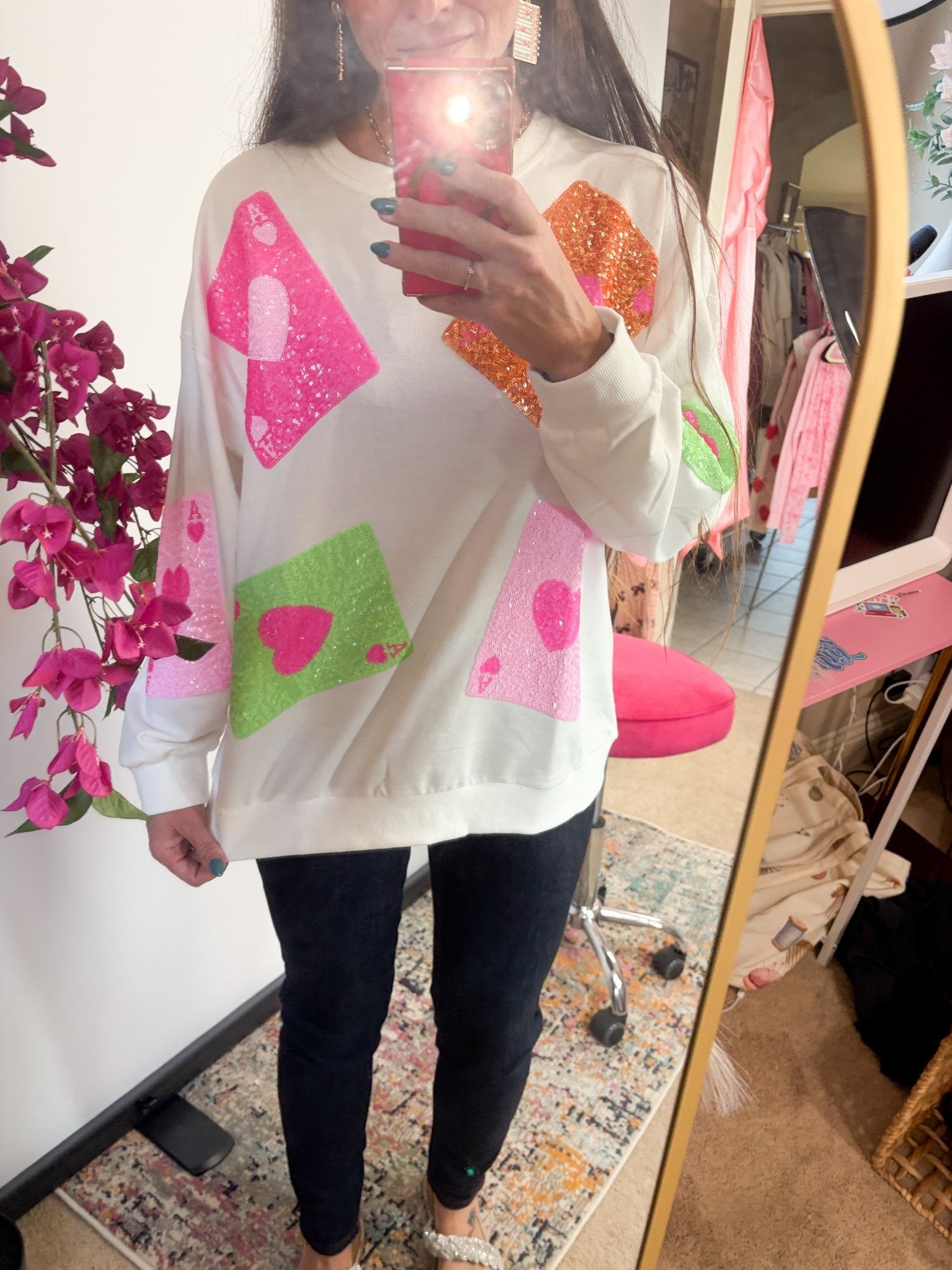 Ace of Hearts Multi - Color Sequin Playing Card Pullover - Bella Blossom Boutique