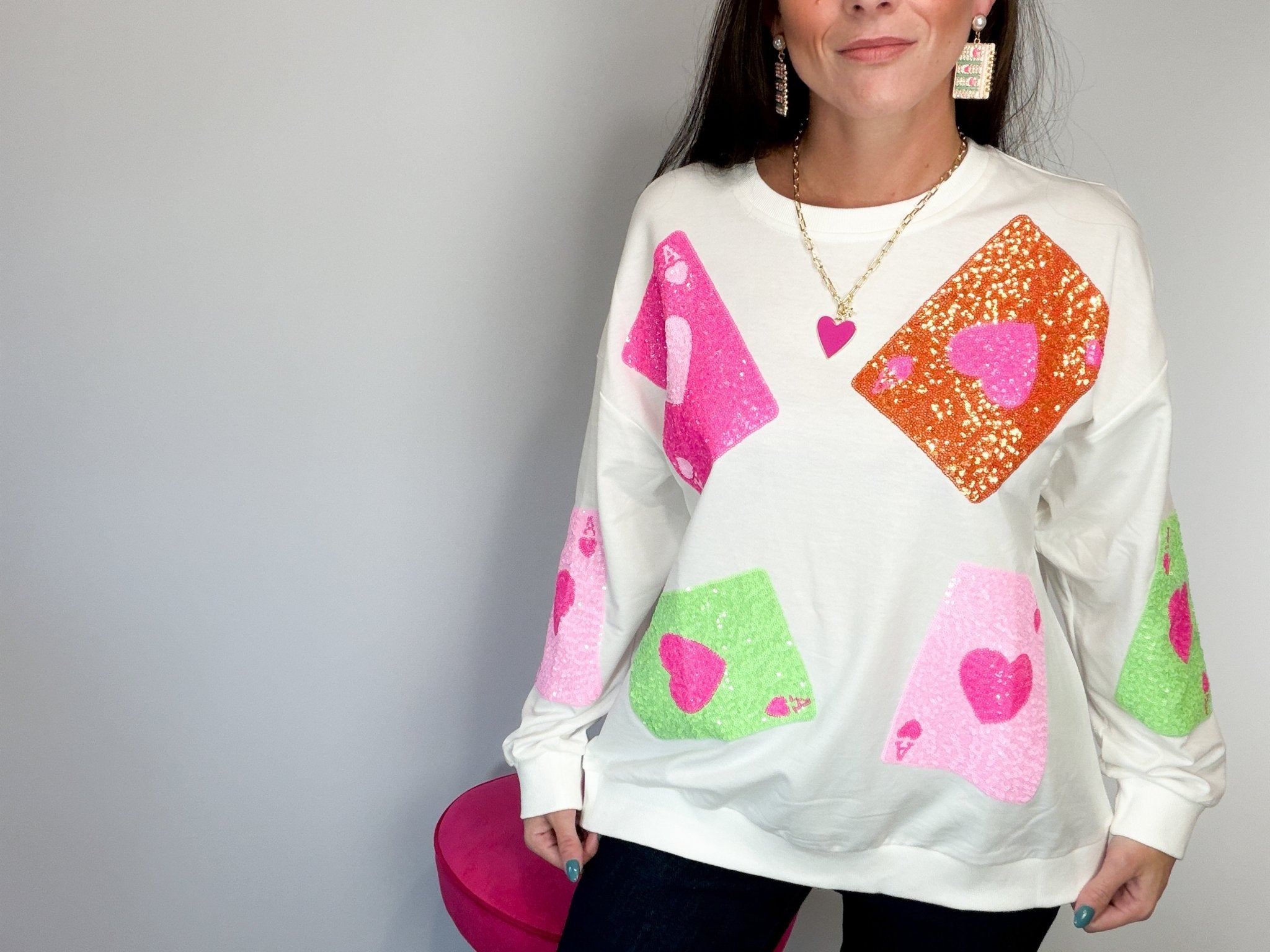 Ace of Hearts Multi - Color Sequin Playing Card Pullover - Bella Blossom Boutique