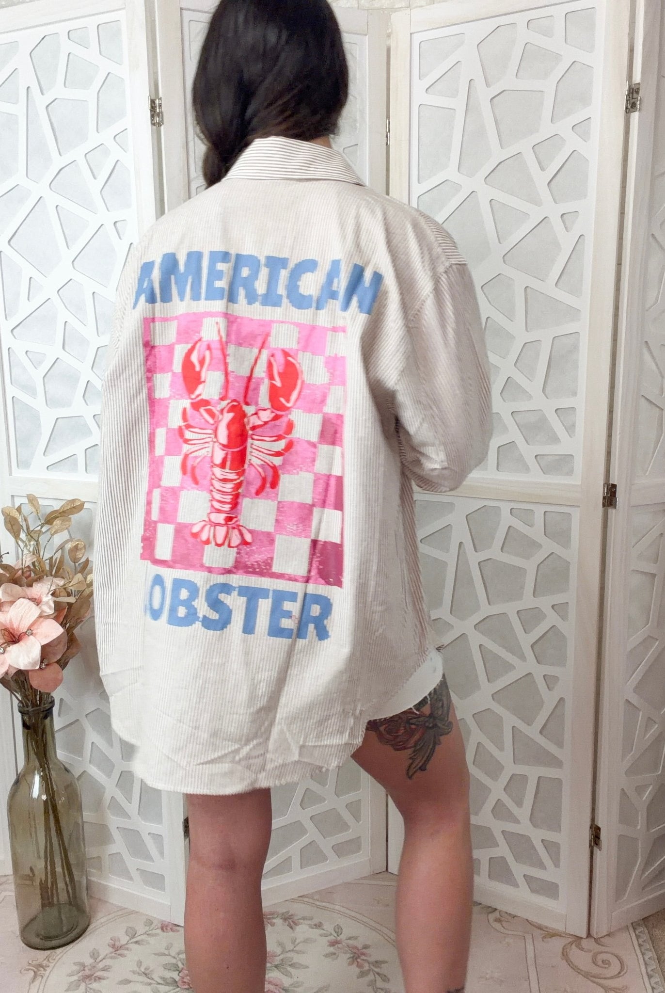 American Lobster Pinstripe Blouse – Nautical 100% Cotton Button - Down - Bella Blossom Boutique