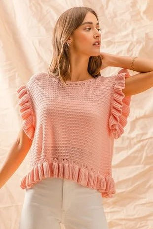 Audrey Ruffle - Trim Boat Neck Knit Sweater - Bella Blossom Boutique