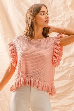 Audrey Ruffle - Trim Boat Neck Knit Sweater - Bella Blossom Boutique
