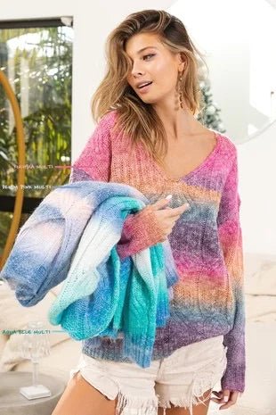 Aura Ombré Cable Knit V - Neck Sweater - Bella Blossom Boutique