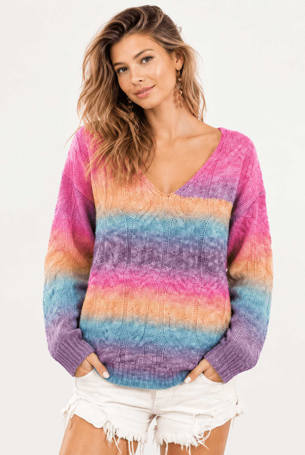 Aura Ombré Cable Knit V-Neck Sweater - Bella Blossom Boutique