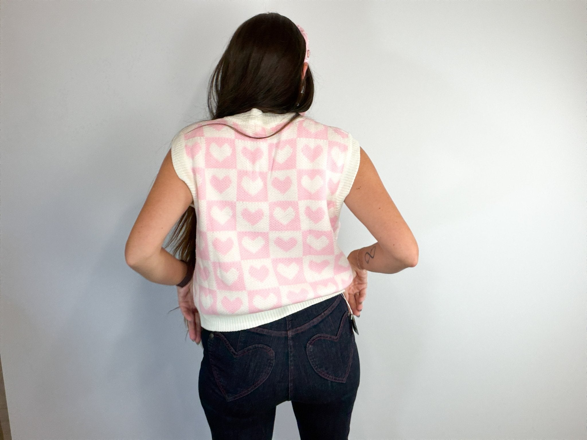 Be Mine Heart Print Knit Sweater Vest – Pink & White Checkered Layering Piece - Bella Blossom Boutique