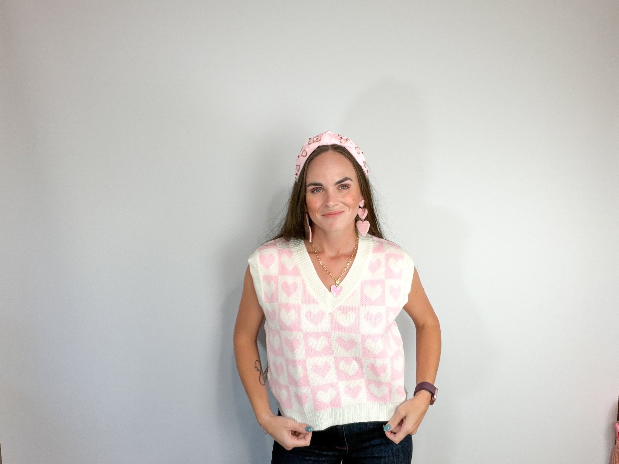 Be Mine Heart Print Knit Sweater Vest – Pink & White Checkered Layering Piece - Bella Blossom Boutique