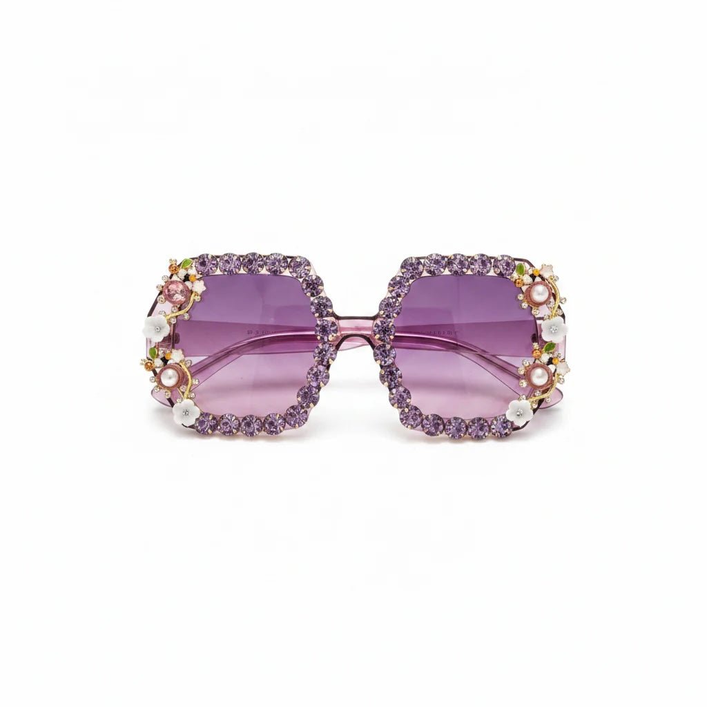 Bling & Bloom: Hand-Embellished Oversized Crystal Floral & Bee Sunglasses - Bella Blossom Boutique