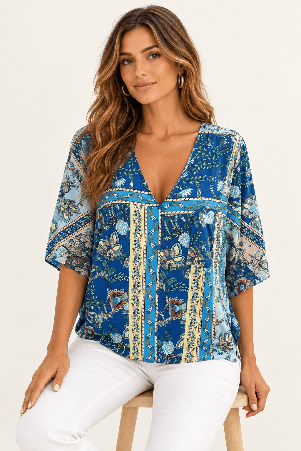 Boho Floral Border Print Blouse - Bella Blossom Boutique
