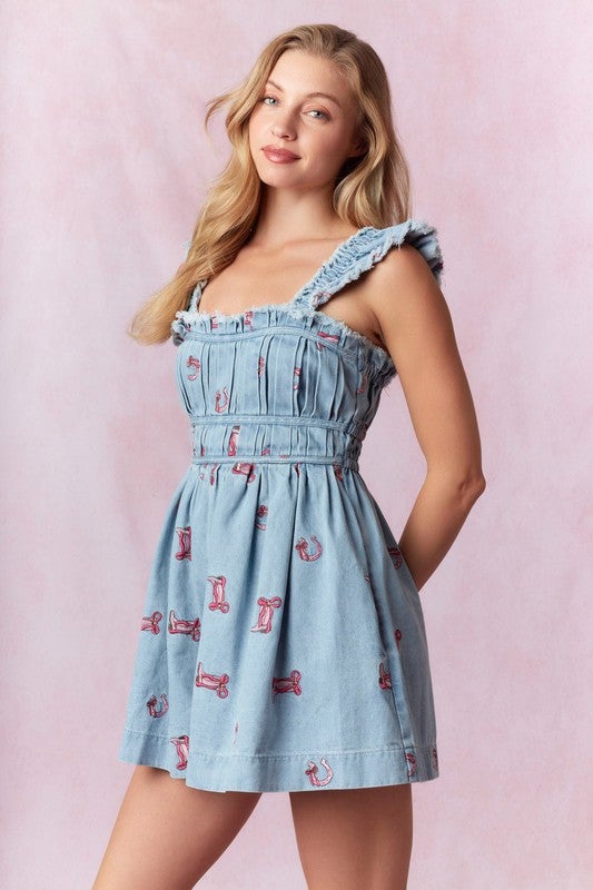 Boots & Bows Western Denim Romper – Coquette Cowgirl Aesthetic - Bella Blossom Boutique