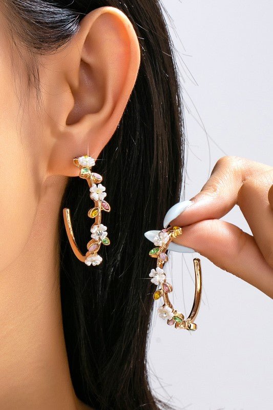Botanical Bloom: White Enamel & Crystal Gold Hoop Earrings - Bella Blossom Boutique