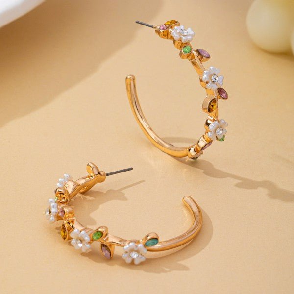 Botanical Bloom: White Enamel & Crystal Gold Hoop Earrings - Bella Blossom Boutique