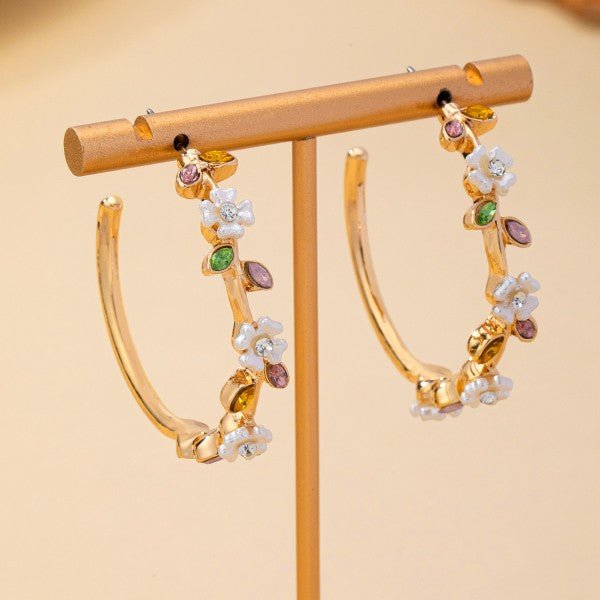 Botanical Bloom: White Enamel & Crystal Gold Hoop Earrings - Bella Blossom Boutique