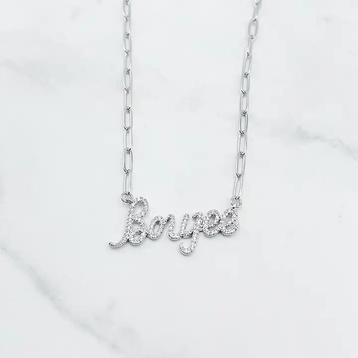 "Boujee" Crystal Script Necklace – Silver - Plated Paperclip Chain - Bella Blossom Boutique
