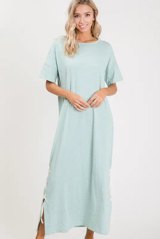 Breezy Coastal Striped Maxi Dress – Oversized Lace - Up Comfort - Bella Blossom Boutique