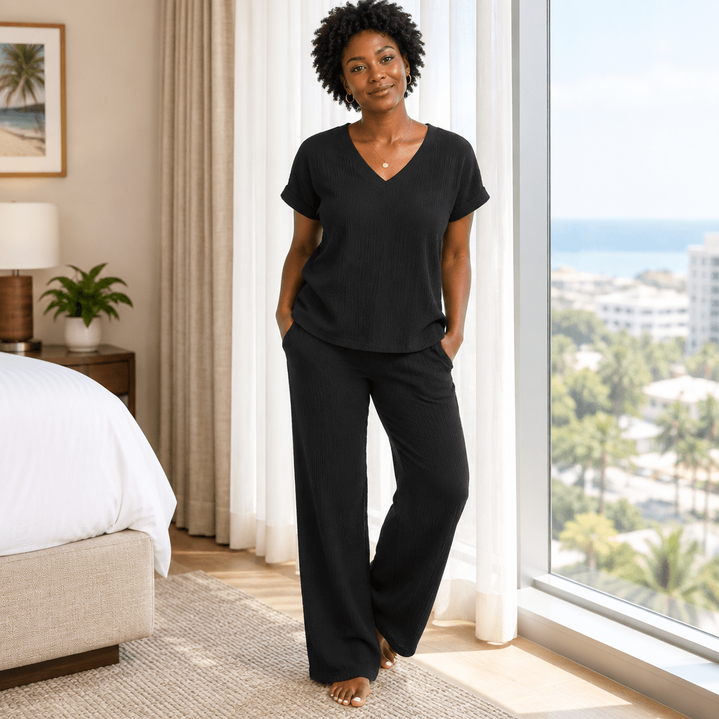 Breezy Crinkle Knit 2-Piece V-Neck Set - Bella Blossom Boutique