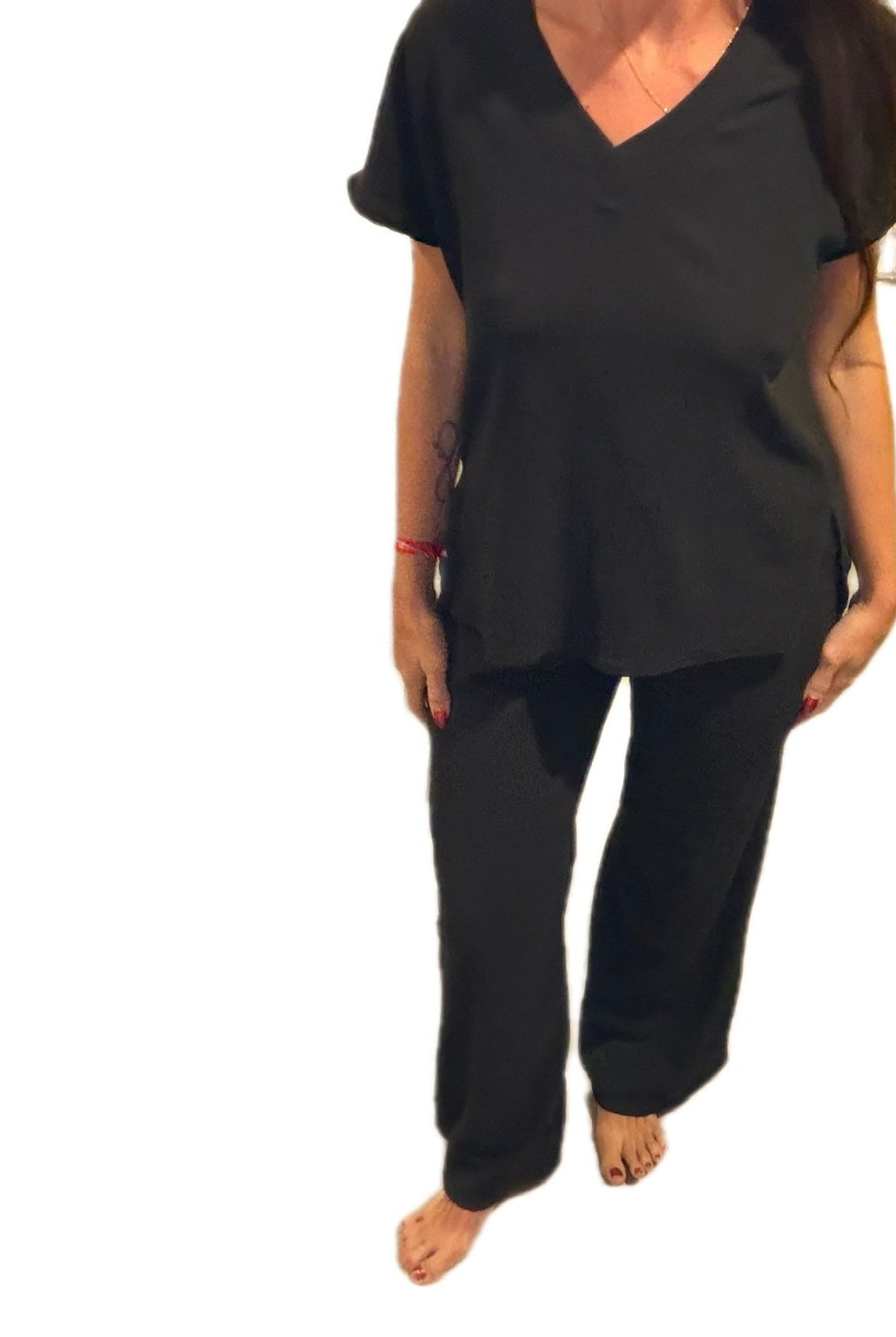 Breezy Crinkle Knit 2 - Piece V - Neck Set - Bella Blossom Boutique