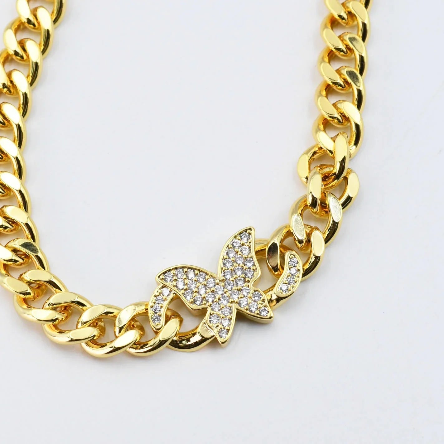Butterfly Bliss: Gold Curb Link Pendant Necklace - Bella Blossom Boutique
