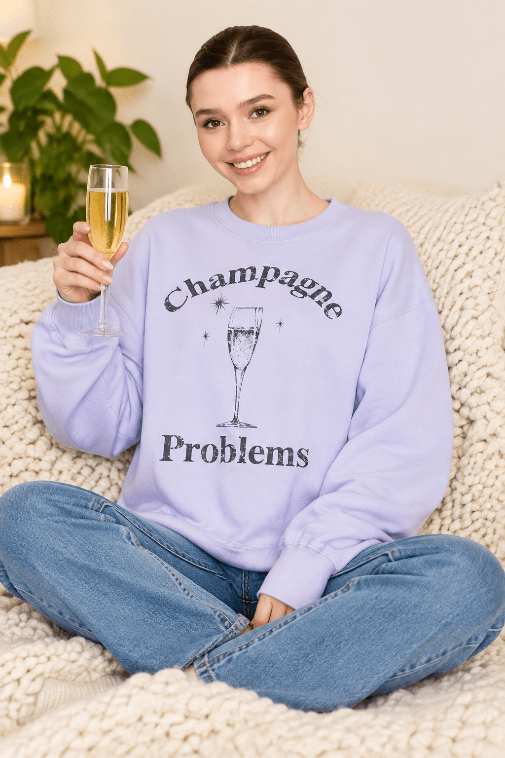 Champagne Problems Oversized Fleece Pullover - Cozy Graphic Sweatshirt - Bella Blossom Boutique