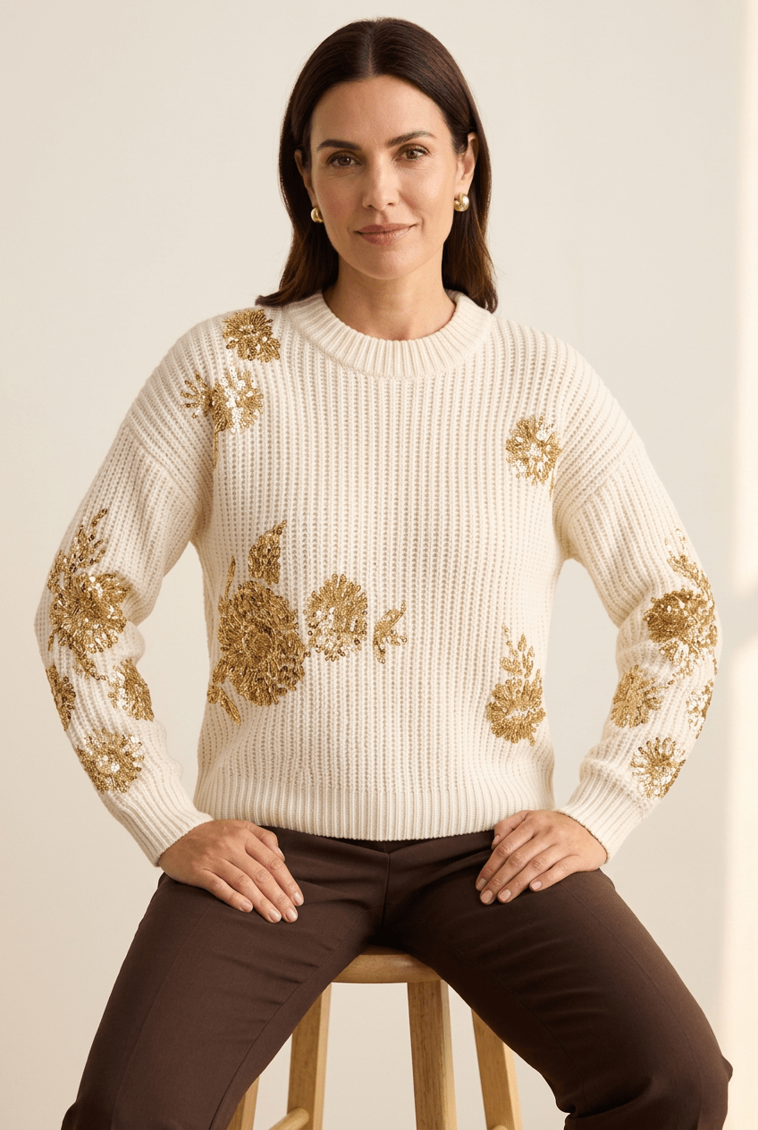 Champagne Sparkle: Ultra-Soft Gold Sequin Holiday Sweater - Bella Blossom Boutique