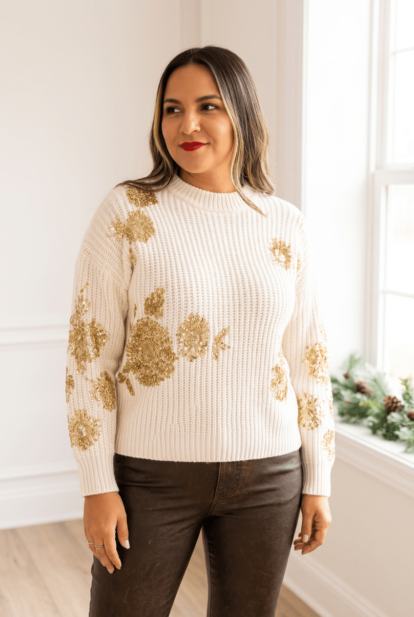 Champagne Sparkle: Ultra-Soft Gold Sequin Holiday Sweater - Bella Blossom Boutique