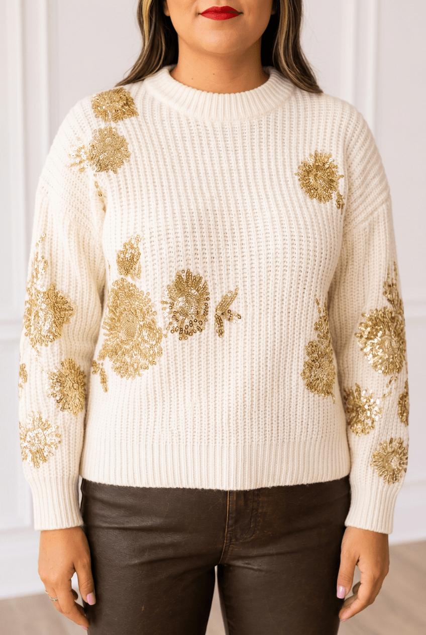 Champagne Sparkle: Ultra-Soft Gold Sequin Holiday Sweater - Bella Blossom Boutique