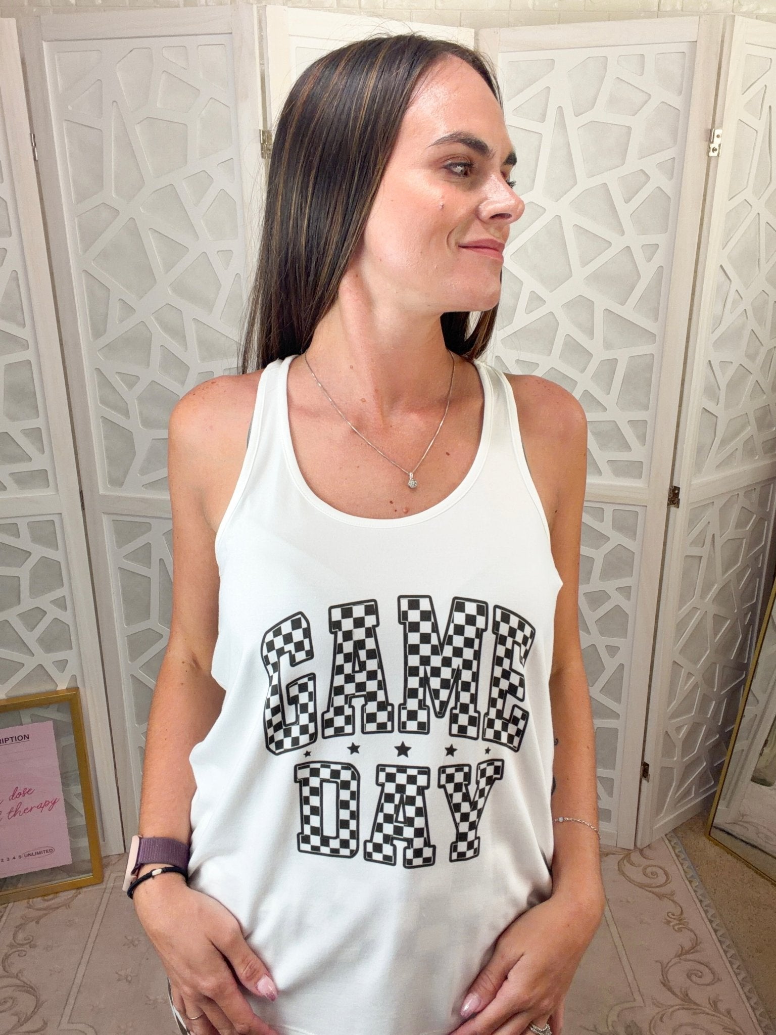 Checkered Game Day Racerback Tank | Sporty Tailgate Graphic Top - Bella Blossom Boutique