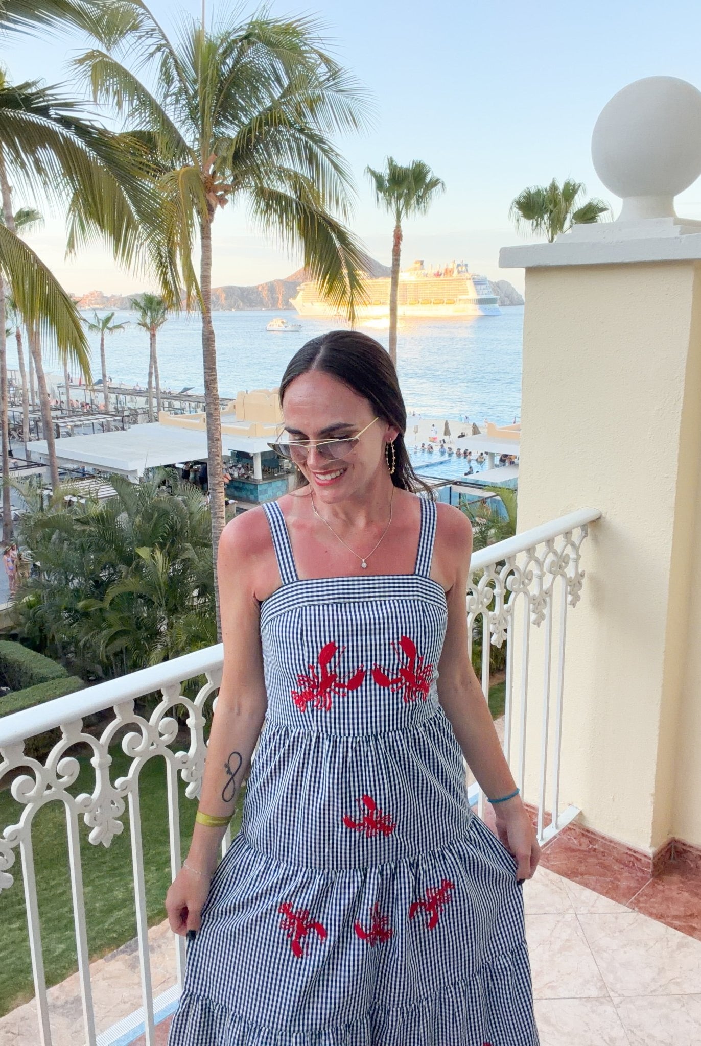 Coastal Embroidered Lobster Gingham Tiered Midi Dress - Bella Blossom Boutique