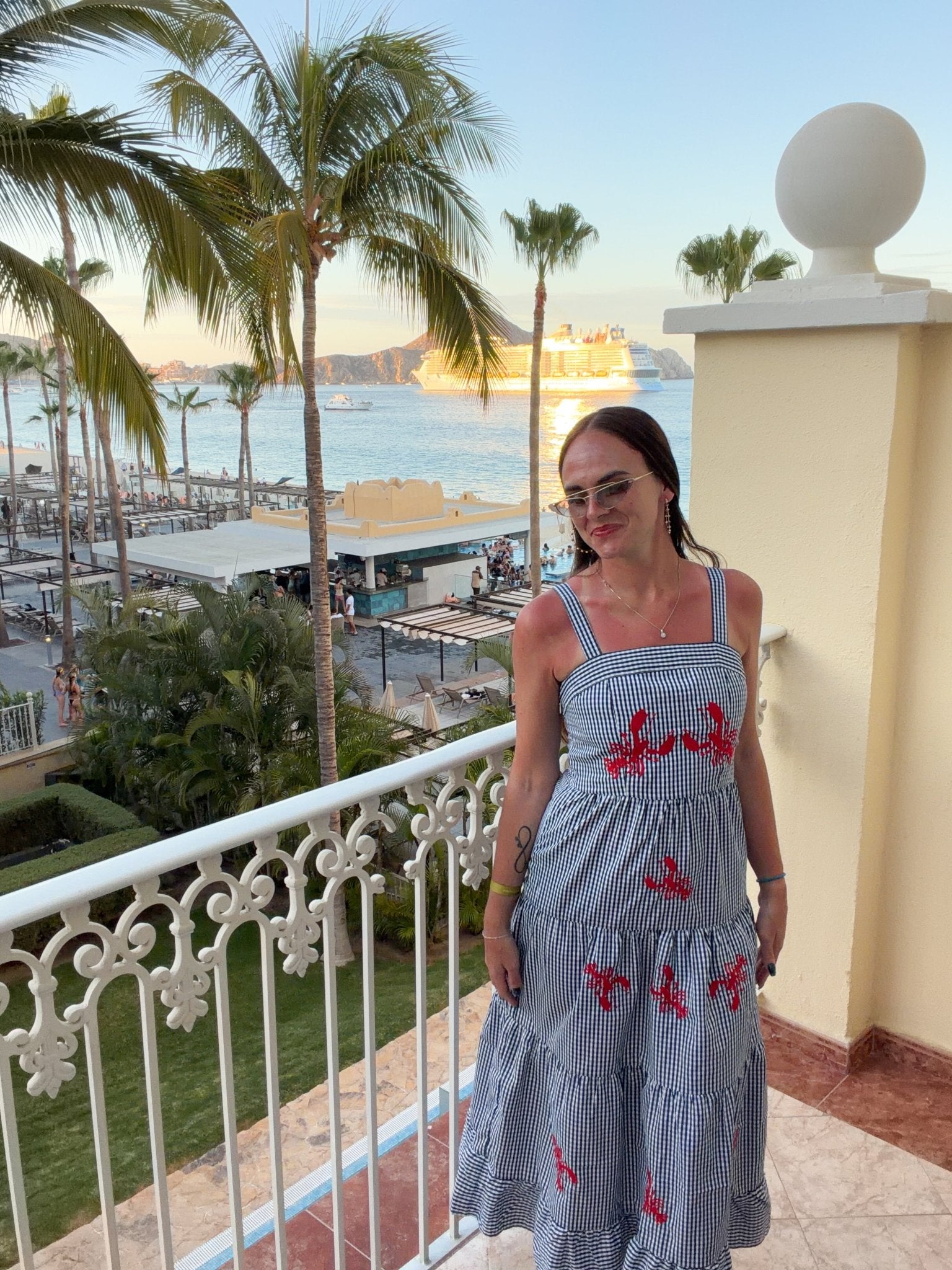 Coastal Embroidered Lobster Gingham Tiered Midi Dress - Bella Blossom Boutique
