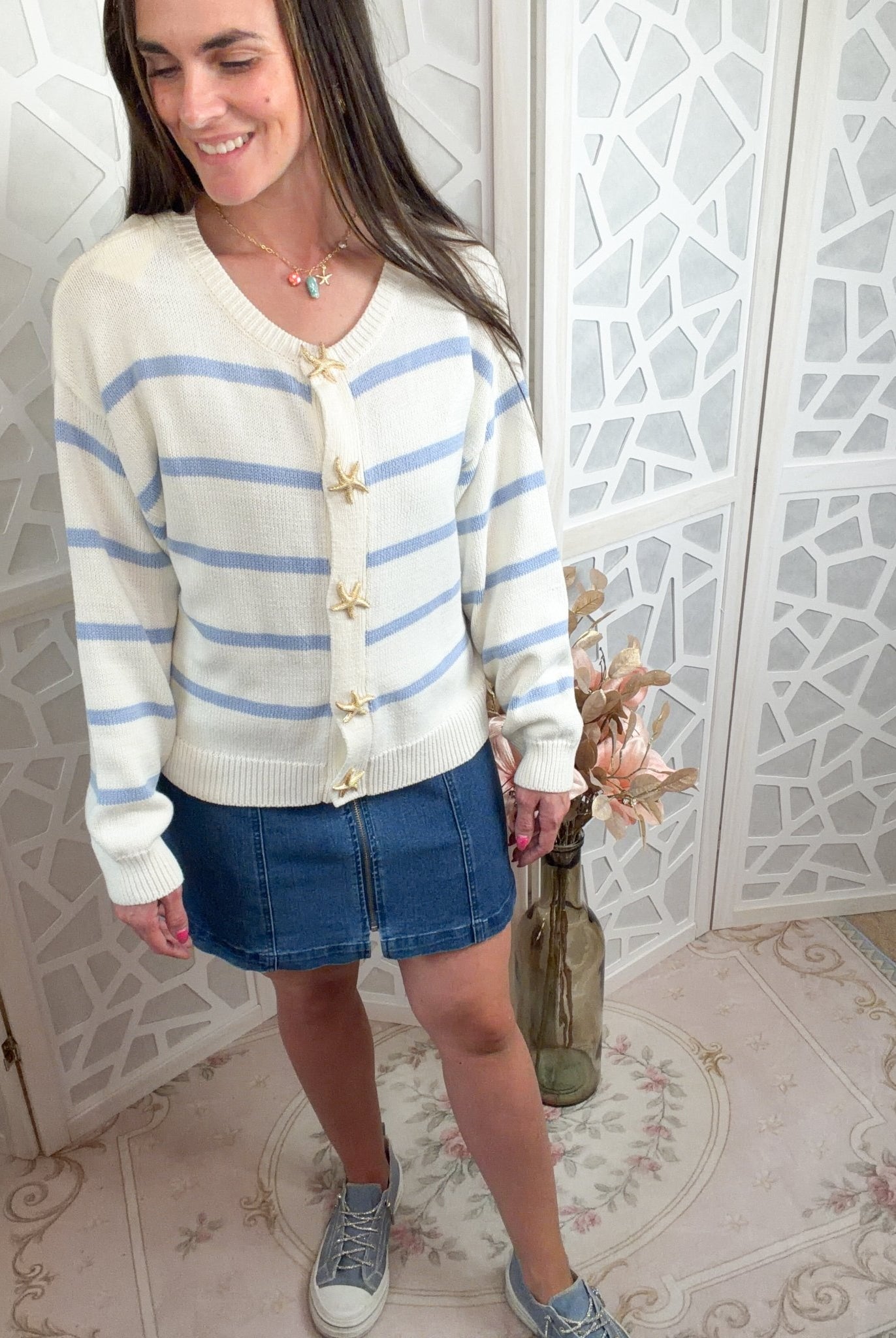 Coastal Starfish Striped Knit Cardigan | Seaside Boutique Style - Bella Blossom Boutique