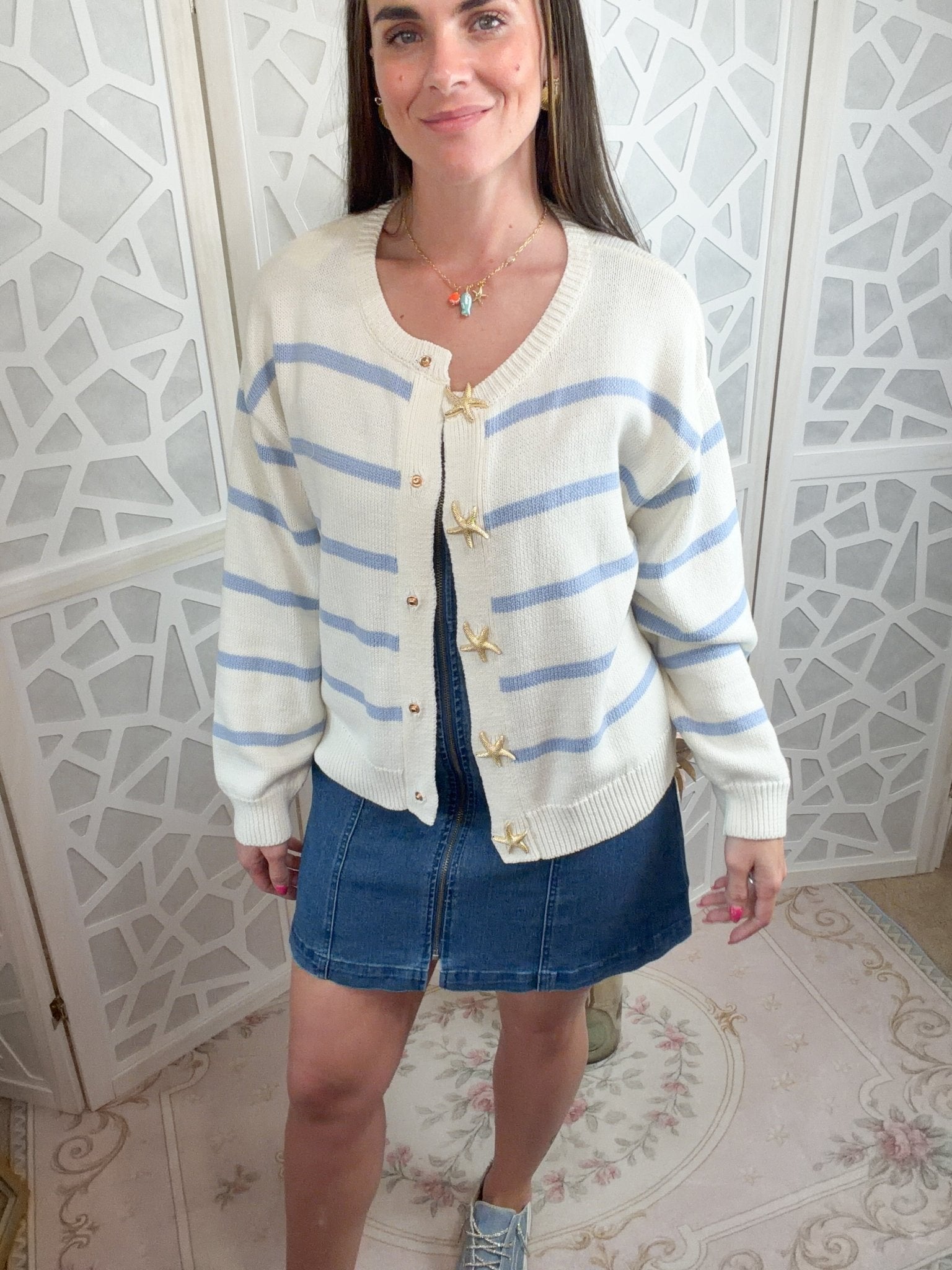 Coastal Starfish Striped Knit Cardigan | Seaside Boutique Style - Bella Blossom Boutique