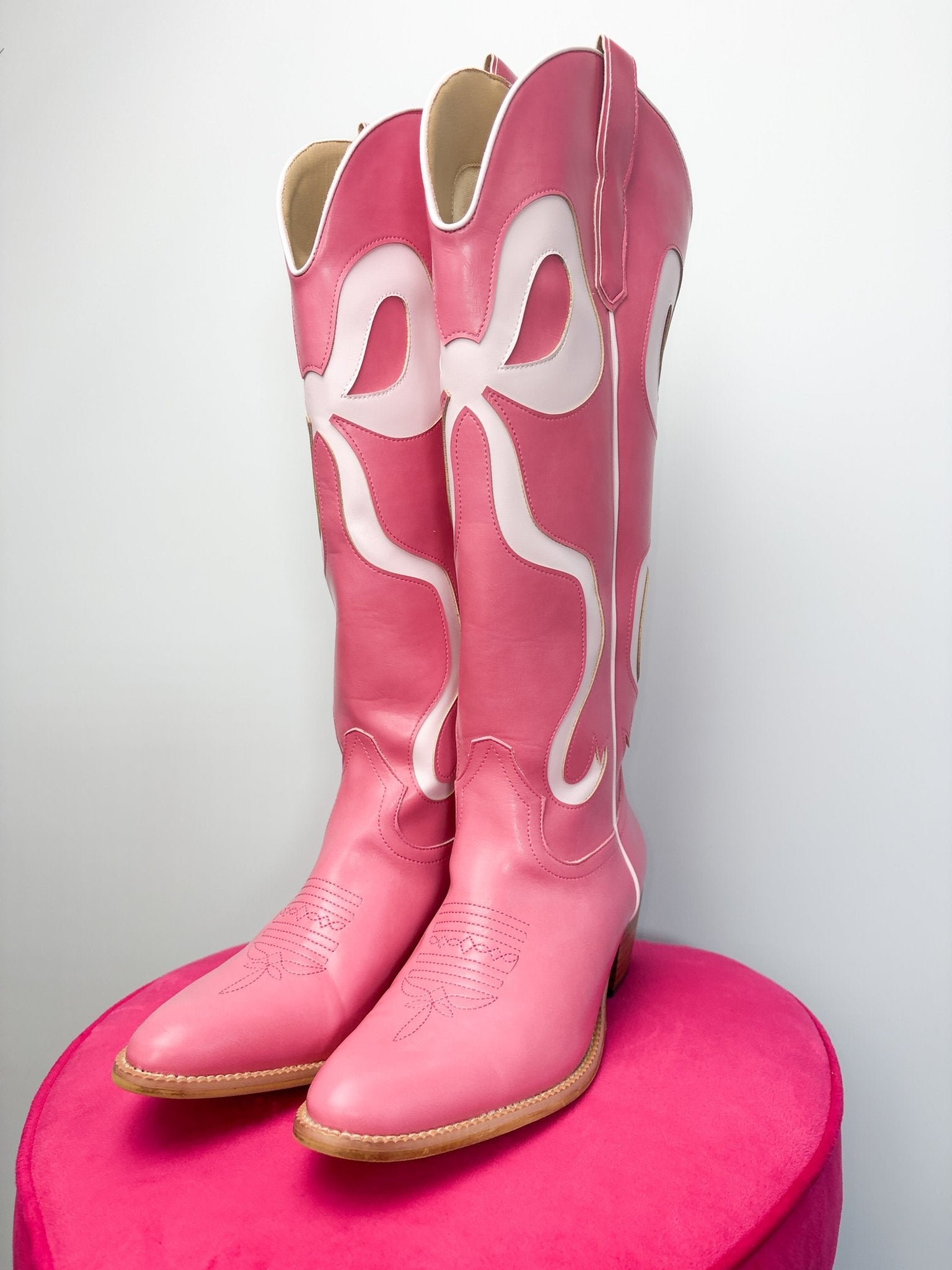 Coquette Hot Pink Ribbon Bow Cowboy Boots | Tall Western Statement Boots - Bella Blossom Boutique