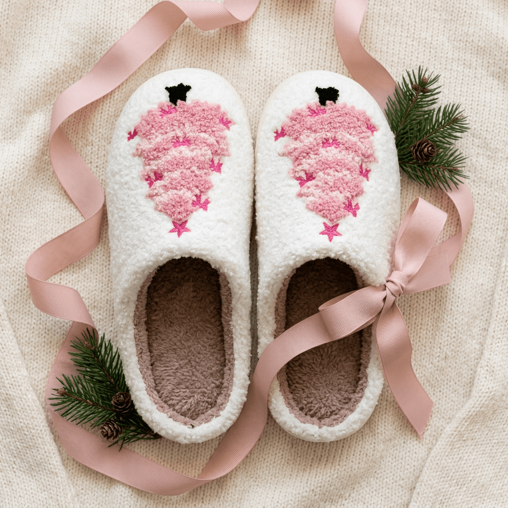 Cozy Christmas Plush Slippers – Festive Santa & Pink Tree Holiday House Shoes - Bella Blossom Boutique