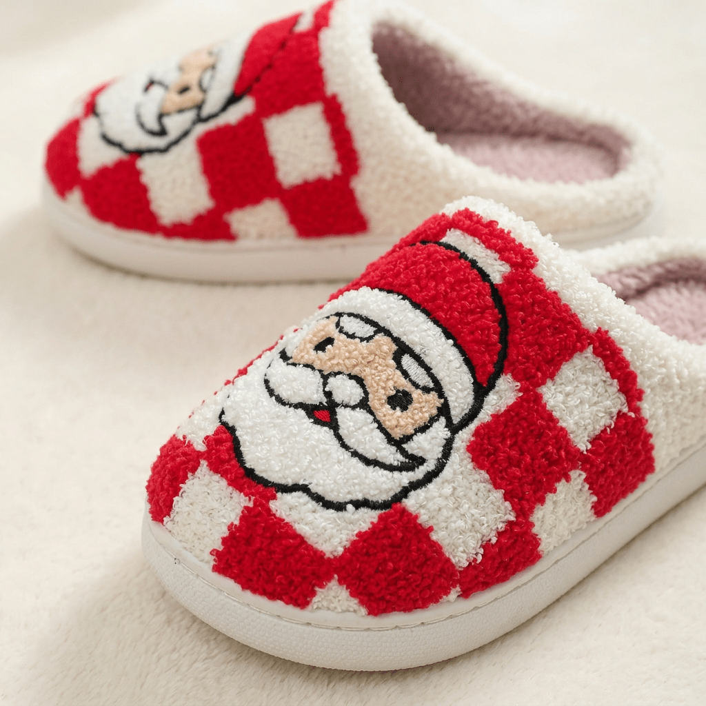 Cozy Christmas Plush Slippers – Festive Santa & Pink Tree Holiday House Shoes - Bella Blossom Boutique