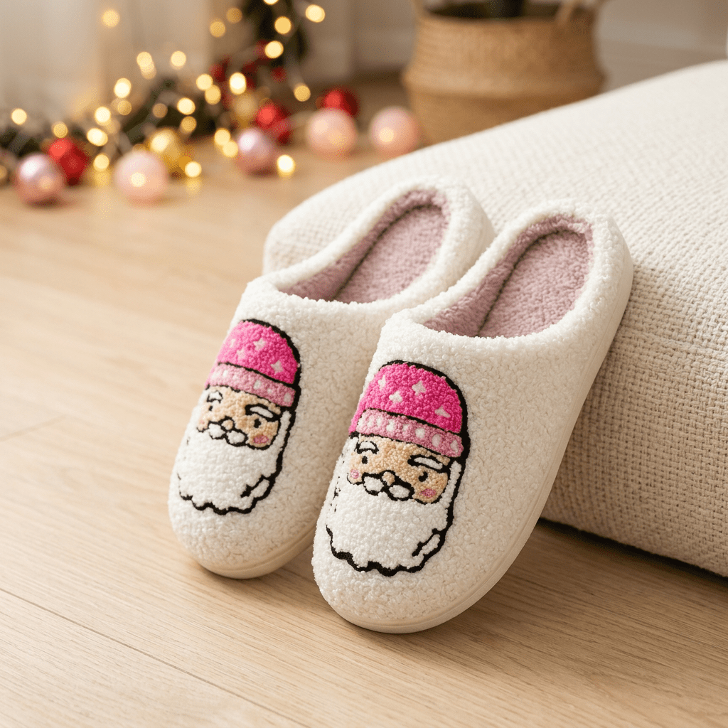 Cozy Christmas Plush Slippers – Festive Santa & Pink Tree Holiday House Shoes - Bella Blossom Boutique