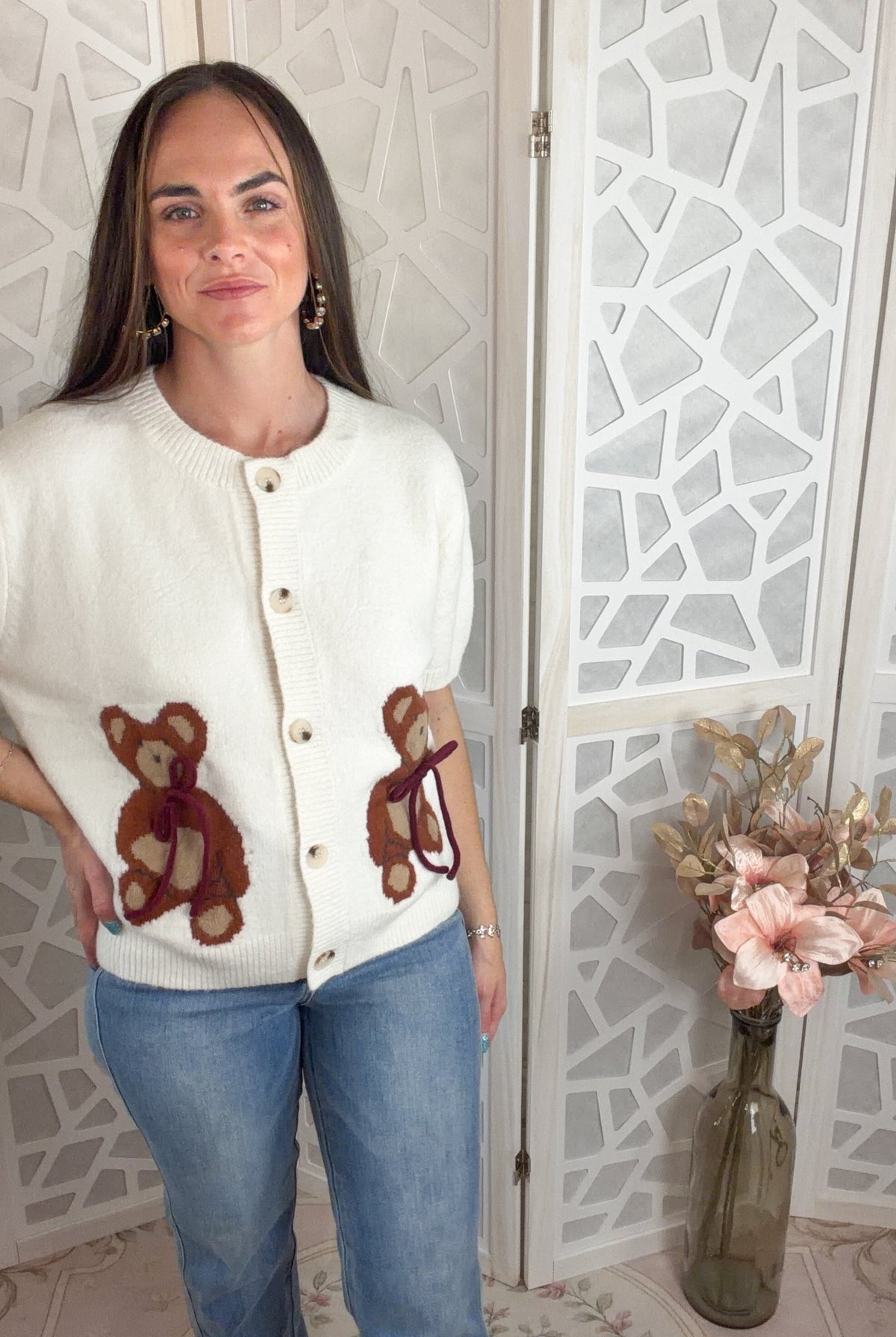 Cozy Teddy Bear Bow Button - Down Knit Sweater Top - Bella Blossom Boutique