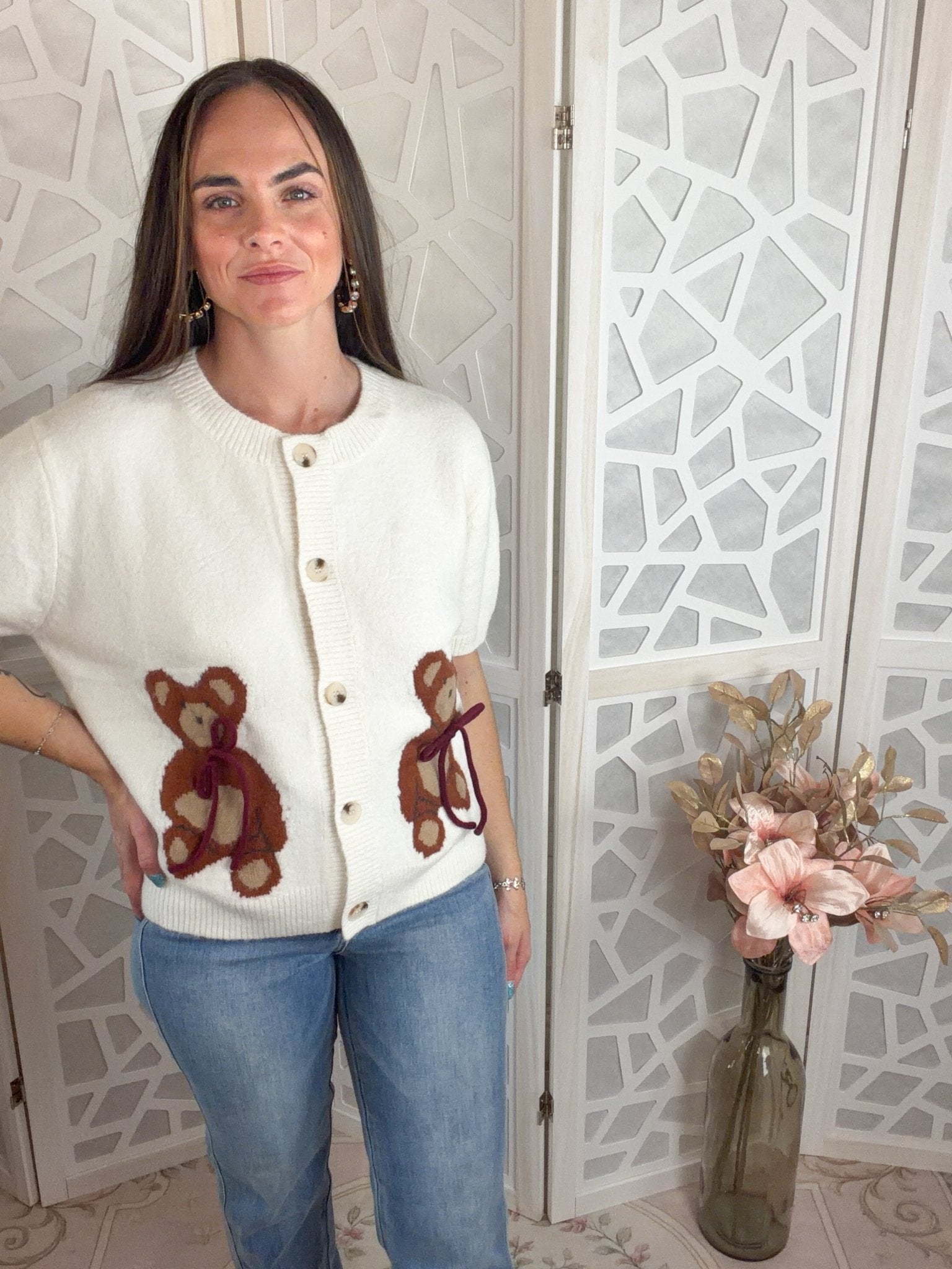 Cozy Teddy Bear Bow Button - Down Knit Sweater Top - Bella Blossom Boutique