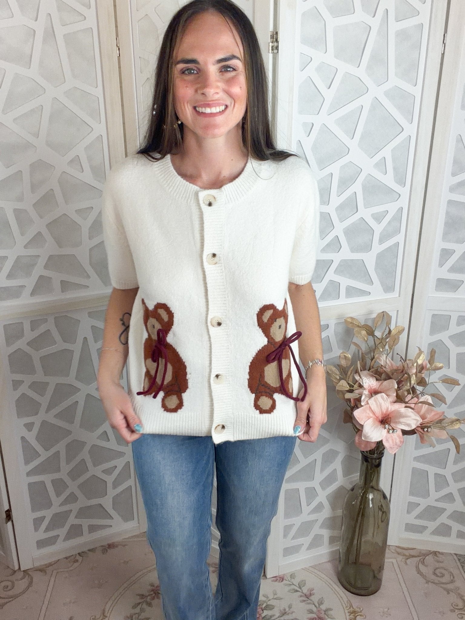 Cozy Teddy Bear Bow Button - Down Knit Sweater Top - Bella Blossom Boutique