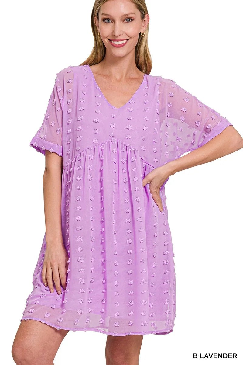 Effortless Swiss Dot V - Neck Flutter Babydoll Dress - Bella Blossom Boutique