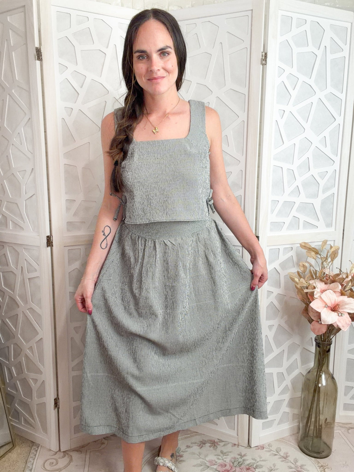 Elegance Plaid Two-Piece Midi Skirt & Crop Top Set - Bella Blossom Boutique