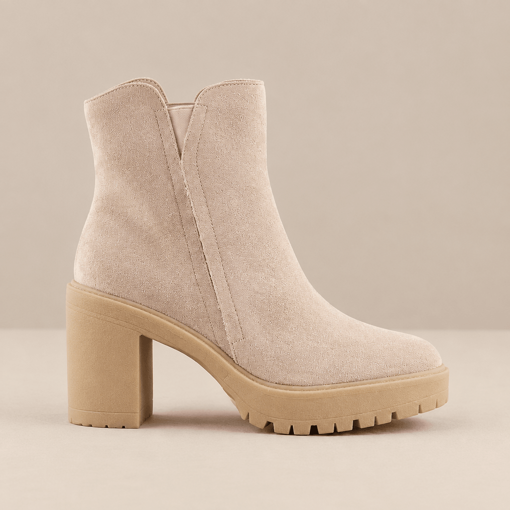 Everly Suede Block Heel Booties – Neutral Lug Sole Ankle Boots - Bella Blossom Boutique