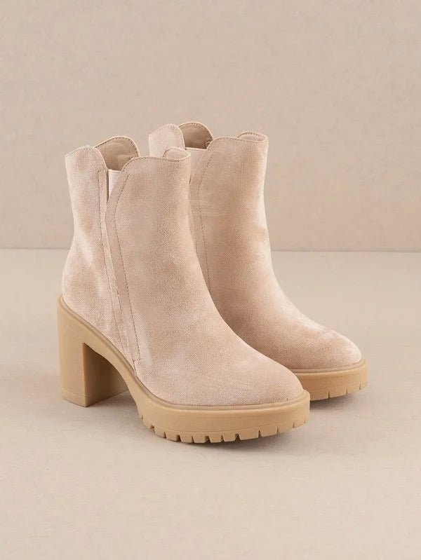 Everly Suede Block Heel Booties – Neutral Lug Sole Ankle Boots - Bella Blossom Boutique