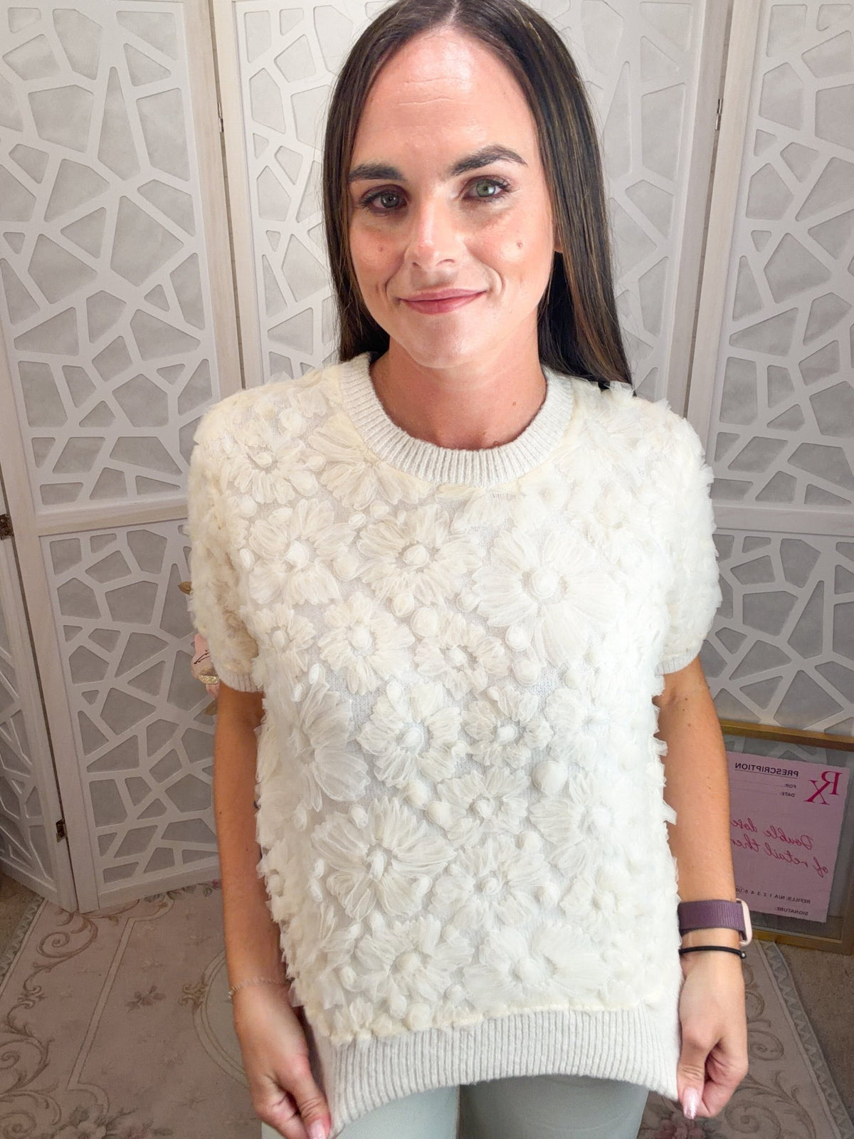 Flora 3D Lace Appliqué Short Sleeve Knit Top - Bella Blossom Boutique