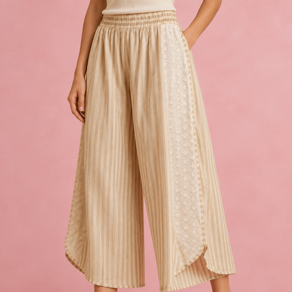 Floral Eyelet Stripe Wide Leg Pants – Airy High-Waist Boho Trousers - Bella Blossom Boutique