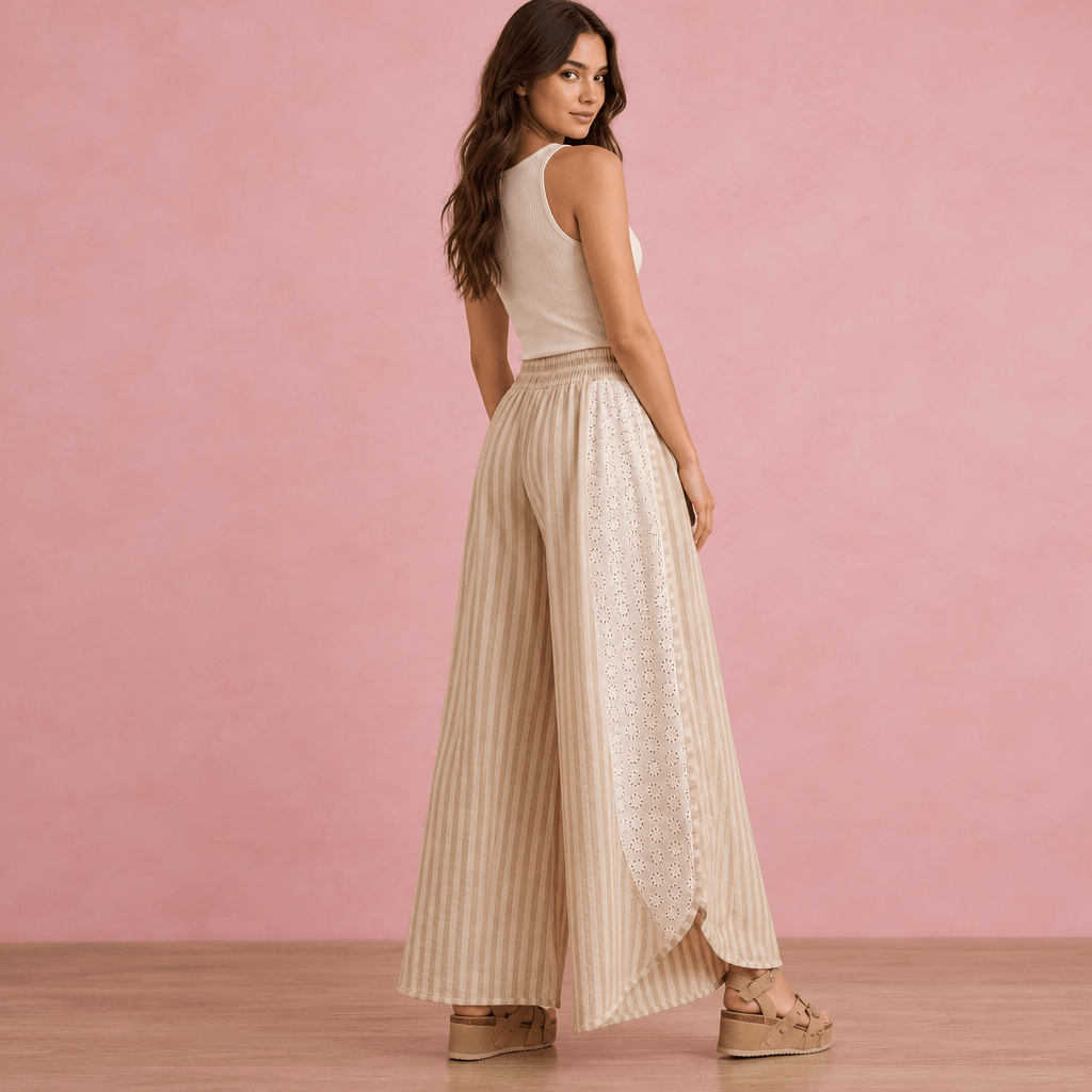 Floral Eyelet Stripe Wide Leg Pants – Airy High-Waist Boho Trousers - Bella Blossom Boutique