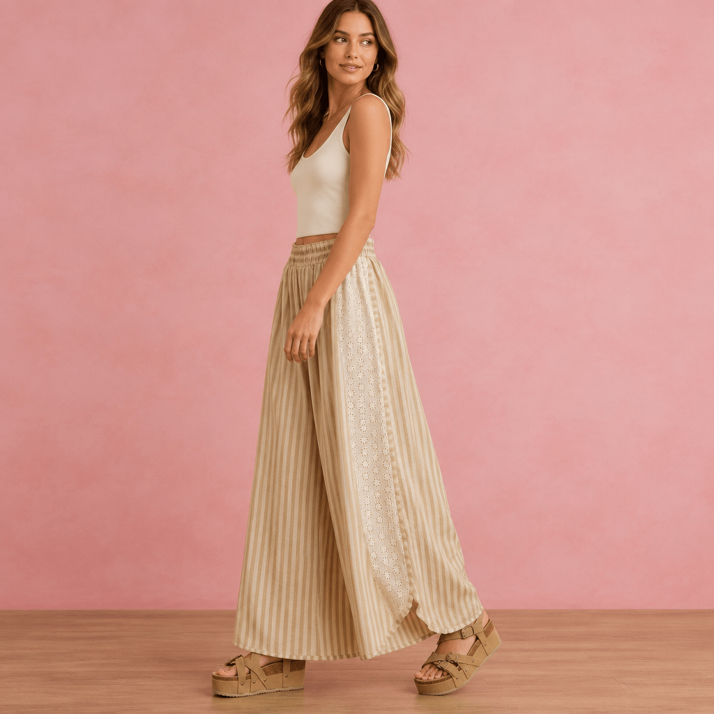 Floral Eyelet Stripe Wide Leg Pants – Airy High-Waist Boho Trousers - Bella Blossom Boutique