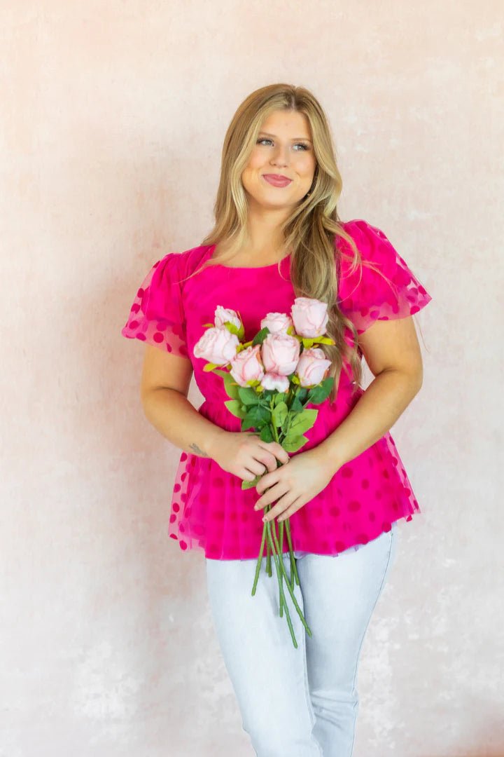 Fuchsia Polka Dot Mesh Peplum Blouse - Flutter Sleeve Waist - Defining Top - Bella Blossom Boutique