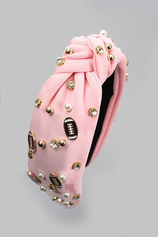 Game Day Glam: Pink Rhinestone & Pearl Football Knotted Headband - Bella Blossom Boutique