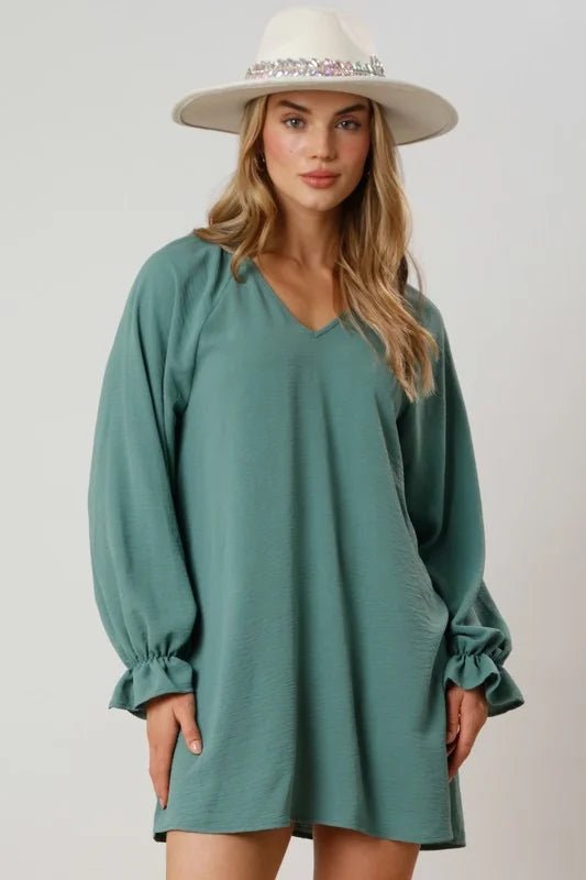 Girls Night Out Boho V - Neck Dress with Ruffle Sleeves - Bella Blossom Boutique