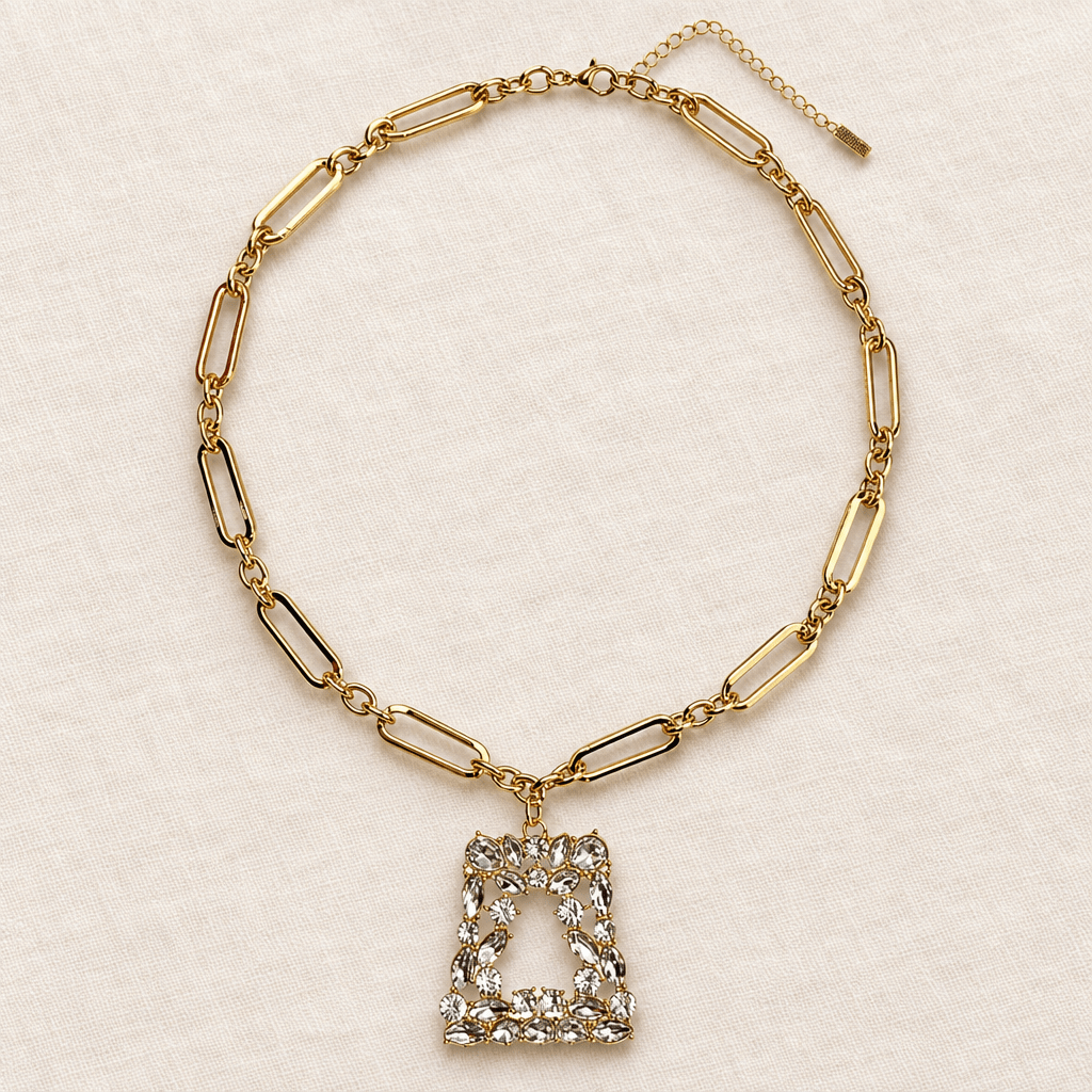 Gold Link Chain Necklace with Rhinestone Pendant - Bella Blossom Boutique