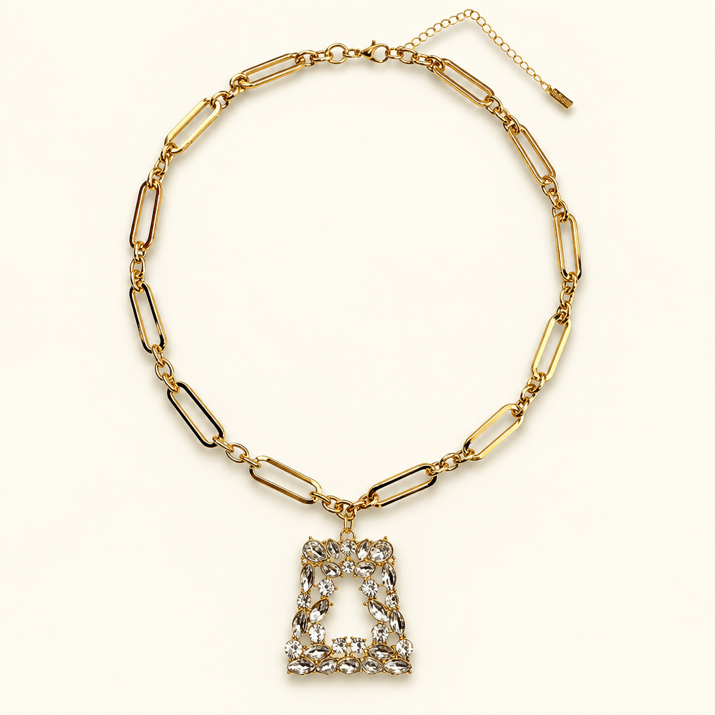 Gold Link Chain Necklace with Rhinestone Pendant - Bella Blossom Boutique