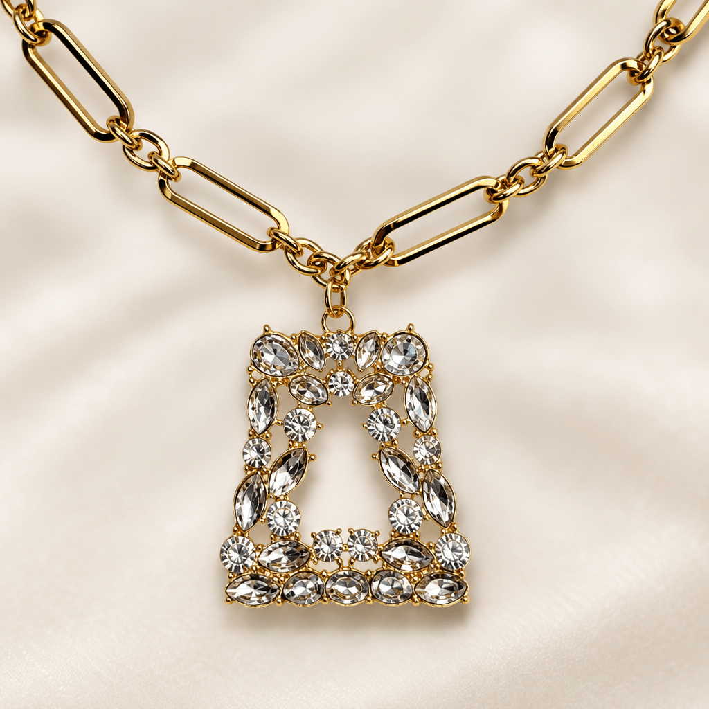 Gold Link Chain Necklace with Rhinestone Pendant - Bella Blossom Boutique